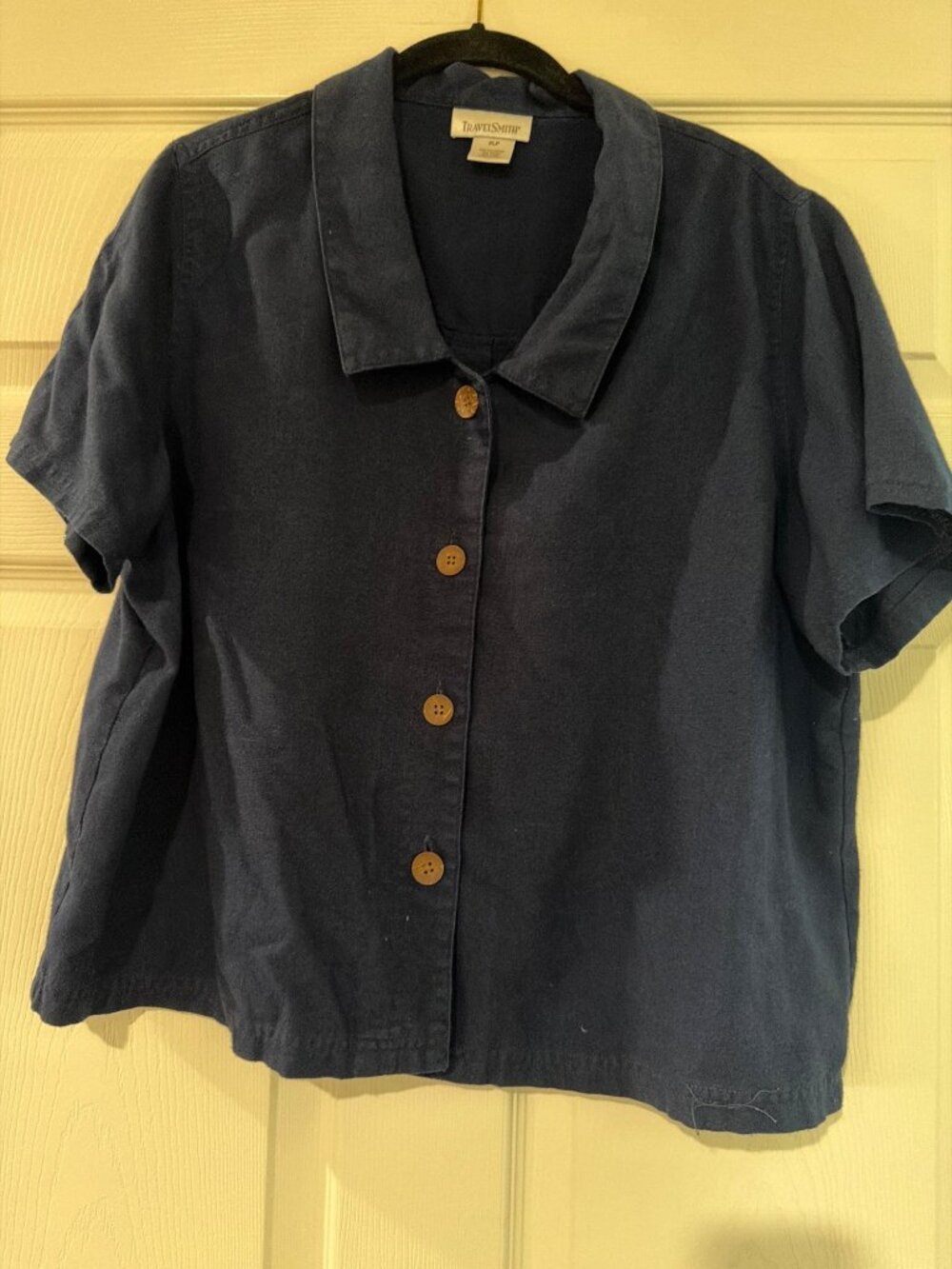 TravelSmith Womens Navy Blue Button-Up Short Sleeve Shirt XLP 50% Polyester 30%